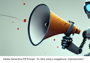 Adobe Generative Fill Prompt: A robot using a megaphone. Impressionistic.